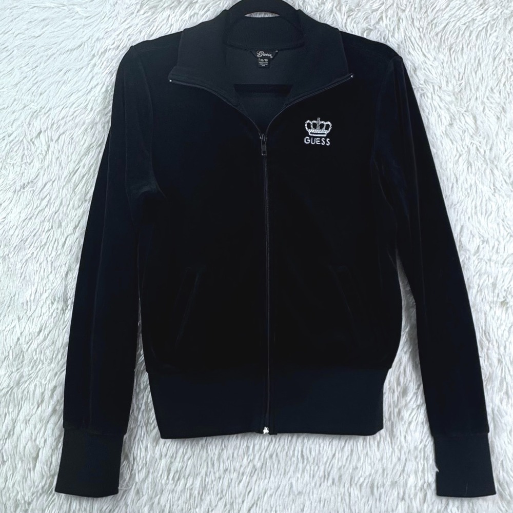 Vintage Y2K Guess Black Velour Crown Track Jacket XL